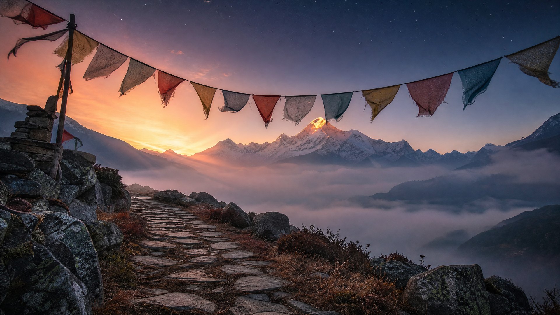 A mountain trailhead at dawn beneath weathered prayer flags, the path climbing into mist above.